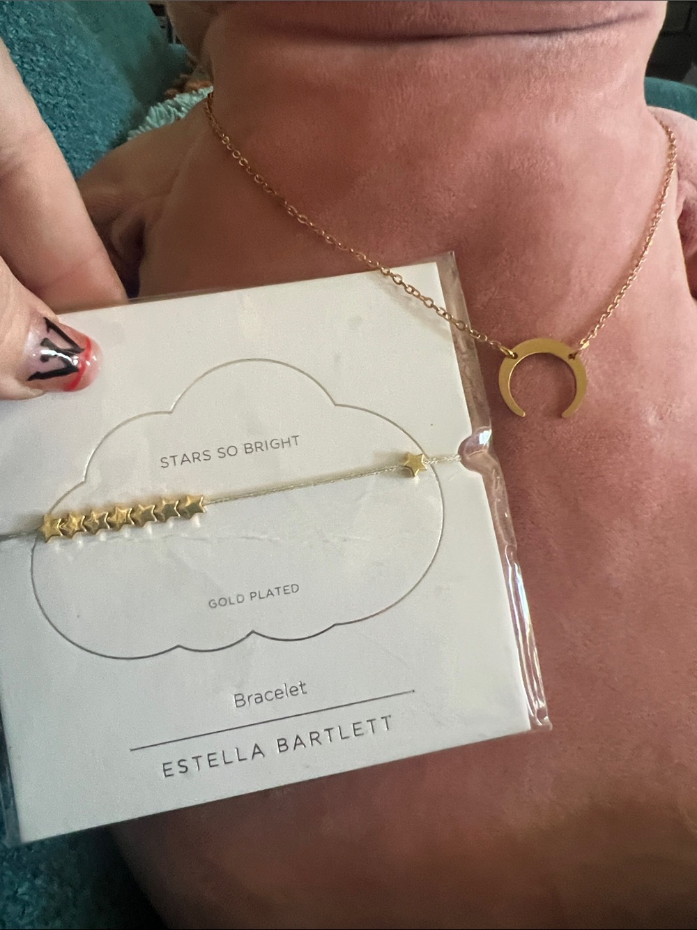 Gold Plated Crescent Pendant Necklace and Star bracelet